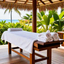 Caribbean Holidays, Wellness Retreats, Relaxing spa treatment in a bright tropical Caribbean spa, natural wood, white towels, greenery and calm atmosphere