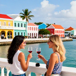 Caribbean Holidays, Wine Tasting Holidays, A couple exploring a colourful Caribbean town after a wine tasting, with colonial buildings, palm trees and a harbour in the background
