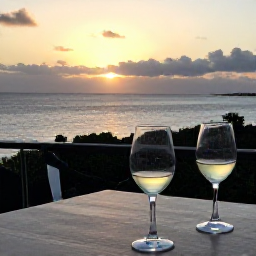 Caribbean Holidays, Wine Tasting Holidays, Sunset wine tasting on a Caribbean terrace overlooking the ocean, with elegant glasses and a relaxed holiday atmosphere