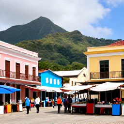 Caribbean Holidays, Caribbean Holidays, A colourful Caribbean town with colonial buildings, market stalls, local people and tropical hills in the background