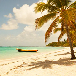 Caribbean Holidays, Caribbean Holidays, A relaxed Caribbean beach with turquoise water, white sand, palm trees and a small colourful boat under warm sunshine