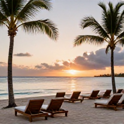 Caribbean Holidays, Caribbean Holidays, A stylish Caribbean beachfront resort at sunset with comfortable loungers, swaying palms and a calm sea