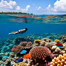 Caribbean Holidays, Caribbean Holidays, Travellers snorkelling above a colourful Caribbean coral reef with tropical fish, bright water and a sunny island coastline